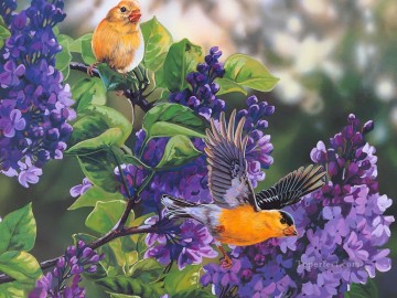 動物 Painting - 鳥と紫の花
